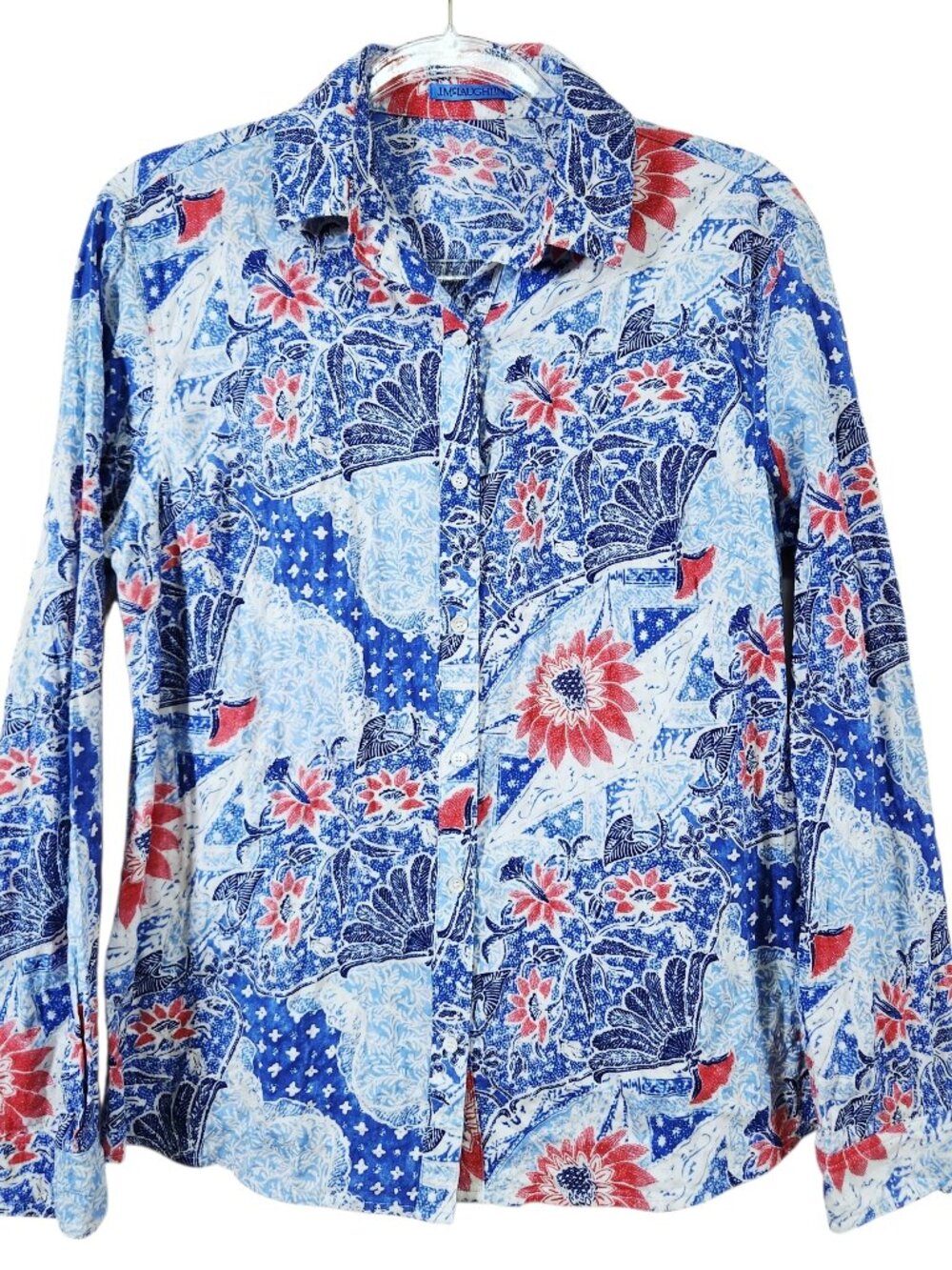 J. McLaughlin Women's Top Size Small Button Up Shirt Blue Red Long Sleeve